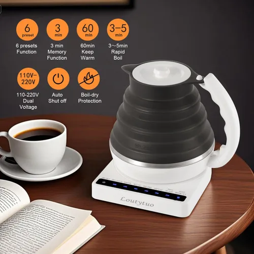 Vista 2 de Hervidor eléctrico plegable de silicona de grado alimenticio ultrafino con control de temperatura variable con doble voltaje, apagado automático