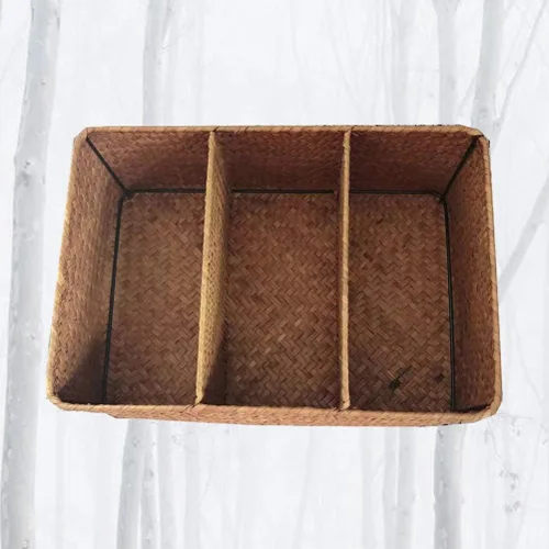 Vista 8 de Cesta tejida a mano de algas marinas Caja de almacenamiento tejida de 3 compartimentos para decoración de escritorio para el hogar, baño, oficina