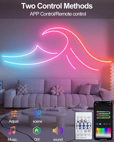 Vista 2 de Tira de luces de neón inteligentes USB, cuerda de luces LED de 16.4 pies, IC y RGB que cambian de color con control de aplicación, sincronización