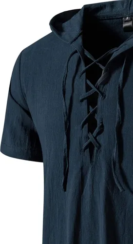 Vista 4 de LucMatton Camisas de algodón con capucha de manga corta para hombre, estilo retro tradicional, con cordones, para medieval, vikingo, hippie a juego