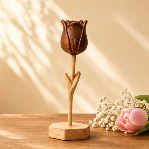 Vista 9 de Rosa de madera tallada a mano, flor eterna hecha a mano Marrón-rosa