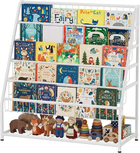 Vista 8 de JAQ Estantería infantil para niños pequeños, estante de exhibición de libros de 4 niveles orientado hacia adelante para guardería, sala