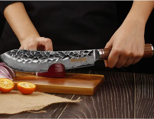 Vista 7 de YOUSUNLONG Cuchillo de carnicero japonés martillado de acero de Damasco de 8 pulgadas, mango de madera de nogal natural