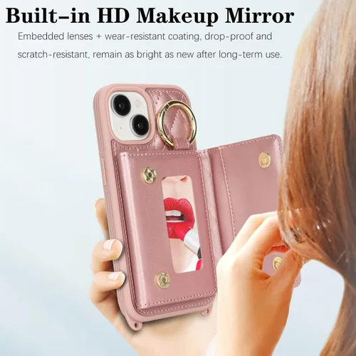 Vista 5 de Funda para iPhone 14 con tarjetero y correa para mujer, cordón cruzado, espejo de maquillaje, soporte de anillo, cierre a presión, bonitas fundas