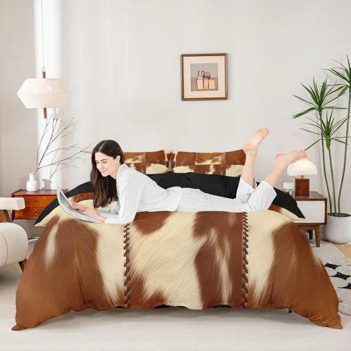 Vista 3 de Juego de ropa de cama con estampado de piel de vaca para niños, juego de funda de edredón con patrón de piel de vaca, juego de funda de edredón