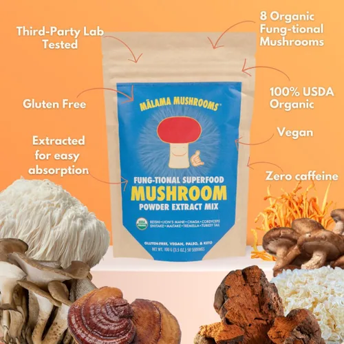 Vista 3 de Polvo de extracto de 8 hongos por Malama, mezcla orgánica de hongos corporales con melena de león, reishi, cordyceps, chaga, cola de pavo