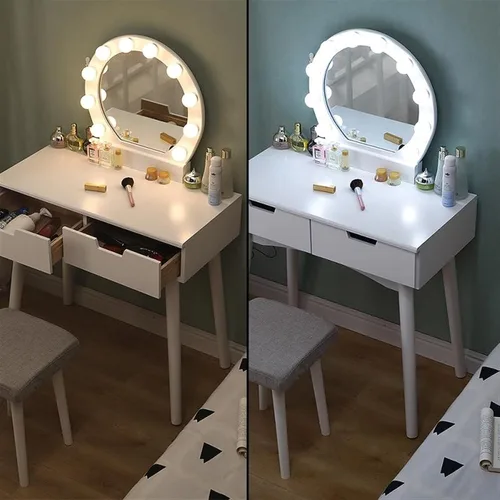Vista 4 de Tocador, mesa de maquillaje, muebles de dormitorio, tocador con espejo LED con taburete de maquillaje, escritorio liso, tocador de maquillaje Negro