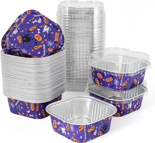 Vista 20 de 50 piezas de mini tazas cuadradas para hornear con tapas, mini moldes de papel de aluminio de 5 onzas con tapas, moldes desechables para tartas