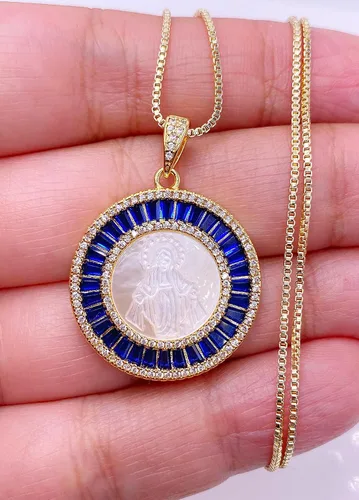 Vista 5 de Collar de medalla milagrosa de madre perla para mujer cadena chapada en oro de 18 quilates M Cristal Chapado en oro