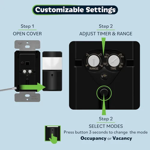 Vista 5 de TOPGREENER Interruptor de sensor de movimiento PIR, detector de nivel de luz ambiental, no requiere neutro, 5A, 150W LED/CFL, 1/6 HP, modos