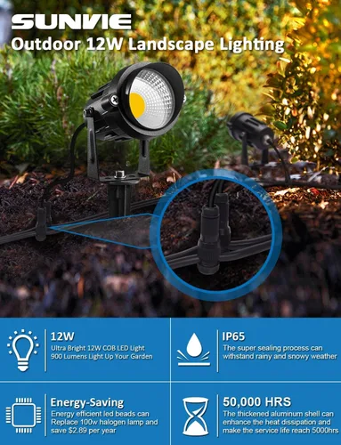 Vista 5 de SUNVIE Luces LED de paisaje de bajo voltaje de 12 W con conectores, para exteriores, 12 V, blanco súper cálido (900 LM), impermeables, luces