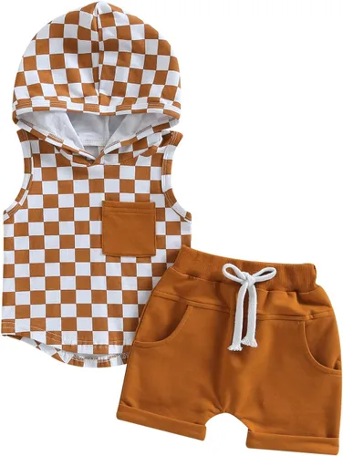 Vista 8 de Conjunto de ropa de verano para bebé niño y niño, diseño a cuadros, manga corta, sudadera con capucha y pantalones cortos casuales