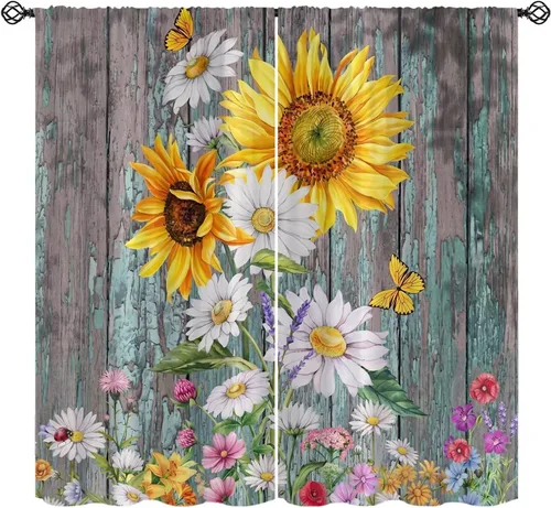 Vista 10 de Sunflower Curtains for Living Room Bedroom, Spring Nature Blue Sky and Butterfly Window Drapes, Rustic Wooden Fence Floral Botanical Decor, 2 Panels