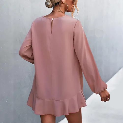 Vista 5 de Women Lantern Long Sleeve Tops 2022 Trendy Irregular Ruffle Trim Shirt Casual Round Neck Solid Blouse Flowy Loose Tunic Tops