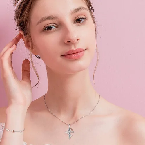 Vista 2 de Distance S925 Sterling Silver Rose Flower Necklace, Rose Bracelet, Two-Tone Cross Pendant Necklaces for Women Girls Gift for Valentine Birthday