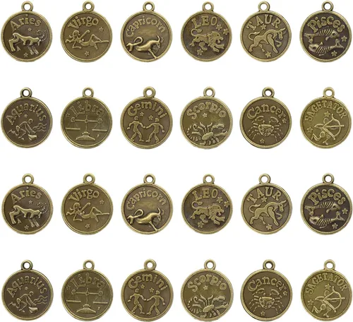 Vista 6 de Tupalizy 24 dijes de signo del zodiaco a granel para collares, pulseras, llaveros, aretes, gargantillas vintage redondas, 12 colgantes