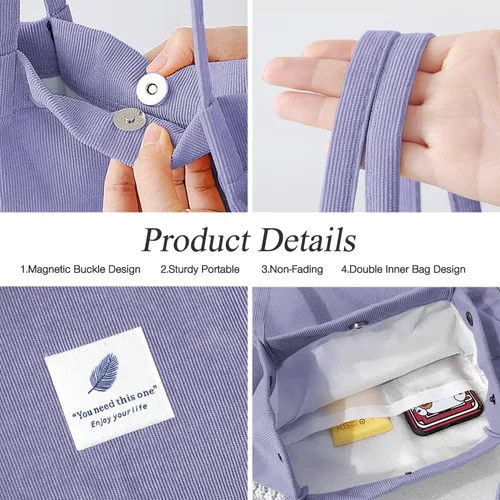 Vista 4 de Bolsas de pana para mujeres y niñas, bolsa de pana de gran capacidad, reutilizable, con bolsillos interiores