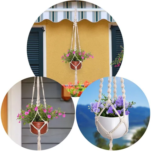 Vista 6 de MIPON - Paquete de 3 perchas de macramé para interiores con 3 ganchos, soporte para macetas colgantes para plantas, tamaños de 46"/41"/34