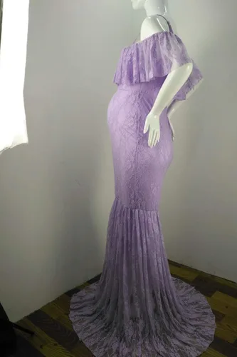 Vista 5 de HIHCBF Vestido de sirena de maternidad de encaje para mujer, hombros descubiertos, volantes, tirantes delgados, ajustado, para sesión de fotos
