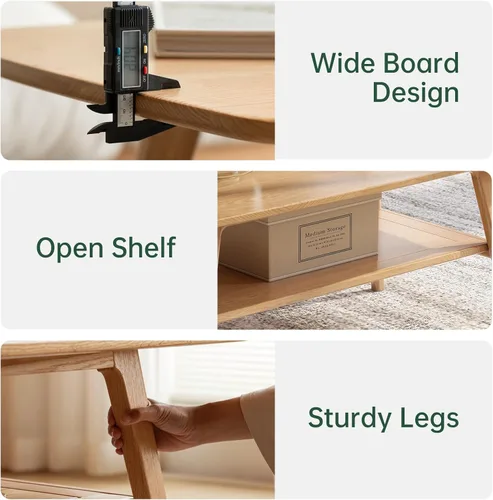 Vista 4 de Mesa de centro 100% de madera de roble maciza para sala de estar, mesa pequeña con almacenamiento en estantes, mesas de centro modernas de mediados