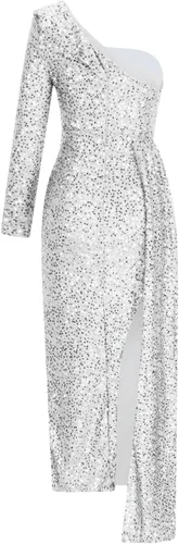 Vista 6 de Vestido sexy de manga larga con un hombro descubierto para mujer, con abertura fruncida, entallado, con lentejuelas, brillante, vestido largo