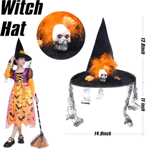 Vista 3 de DNQCOS Disfraz de bruja iluminada para niñas, disfraz de bruja de Halloween con escoba y sombrero de bruja