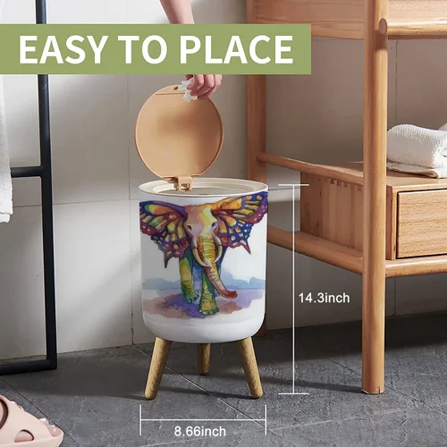 Vista 2 de Cubo de basura pequeño con tapa para baño, cocina, oficina, pañal, acuarela, elefante, mariposa, alas de fantasía, animal, dormitorio, basura, cesta