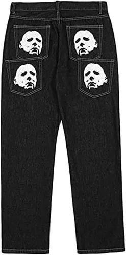 Vista 5 de SKYWPOJU Pantalones de mezclilla con bordado de calavera para hombre estilo vintage hip hop de los años 90 con diseño de patineta