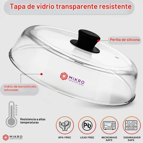 Vista 4 de Cubierta de vidrio para salpicaduras de microondas para plato de alimentos, resistente protector de salpicaduras de vidrio de borosilicato con Negro