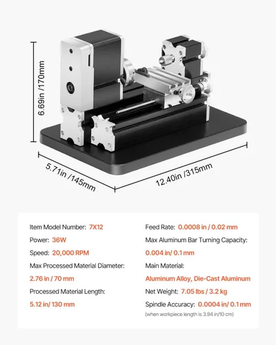 Vista 14 de VEVOR - Mini torno de metal didáctico, 7 x 13 cm, torno de metal de 36 W, velocidad de 20,000 RPM, con portabrocas de 3 mandíbulas, rueda manual