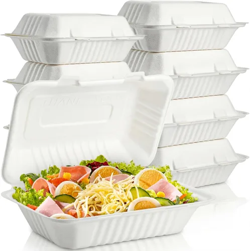 Vista 9 de Elsjoy Paquete de 90 recipientes para llevar con 2 compartimentos, contenedores de alimentos compostables con bisagras de 9 x 6 pulgadas, cajas