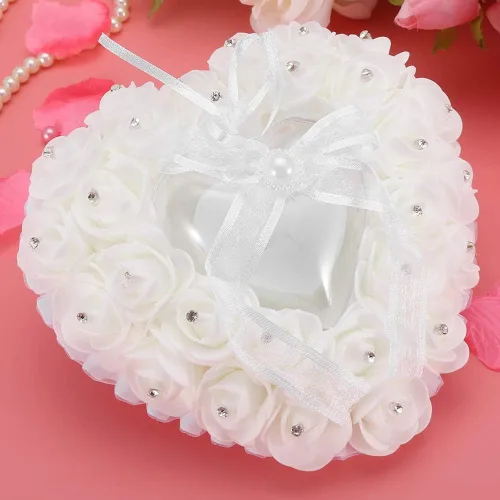Vista 9 de TOPINCN Almohada de boda, soporte de caja de corazón de boda, romántica en forma de corazón, caja de boda, decoración de rosa, cojín de almohada