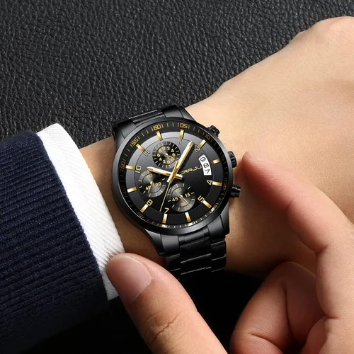 Vista 4 de CRRJU - Reloj de pulsera, de acero inoxidable para hombre, resistente al agua, cronógrafo, correa de acero inoxidable