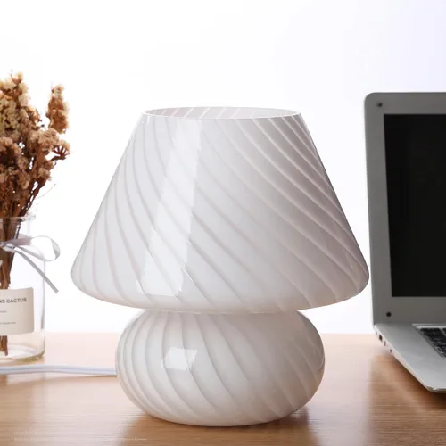 Vista 2 de BSOD Lámpara de seta con remolino, lámparas vintage de mesa de noche de 9.9 pulgadas, cristal de Murano translúcido blanco a rayas, luz nocturna