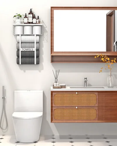 Vista 7 de Toalleros para baño montados en la pared - Juego de portotoallas de pared para baño sobre almacenamiento del inodoro, organizador de estante