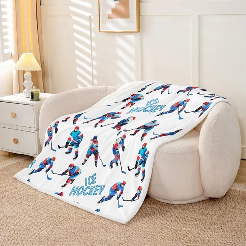 Vista 2 de Erosebridal Manta de Cama de Felpa de Hockey sobre Hielo Manta Temática de Juegos Deportivos Decoración de Dormitorio, Manta Sherpa de Jugadores