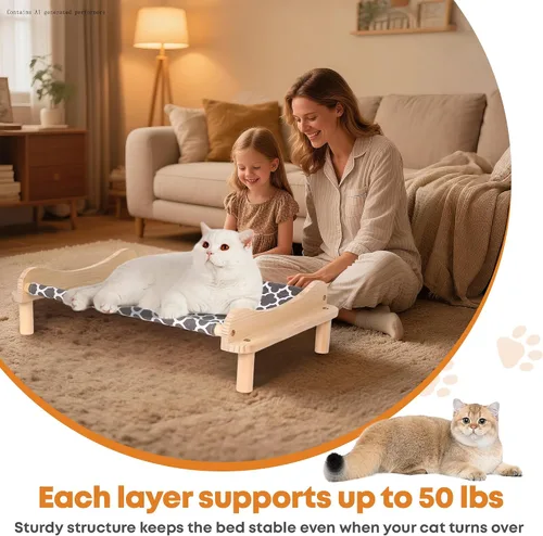 Vista 5 de Cama elevada de madera para gatos – 24 x 15.7 x 5.9 pulgadas, hamaca transpirable para mascotas para uso en interiores y exteriores, tumbona elevada