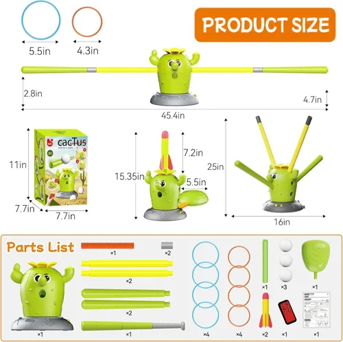 Vista 9 de Cactus 4 en 1 juguetes musicales saltarines, juego de lanzar anillos y lanzador de cohetes pisoteables para niños de 3 a 8 años, juguete deportivo