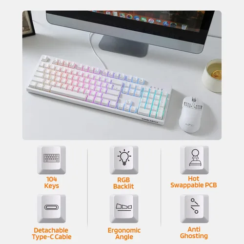 Vista 2 de LTC NB1041 Nimbleback Teclado mecánico con cable intercambiable en caliente 104 teclas RGB retroiluminado para juegos interruptor rojoblanco