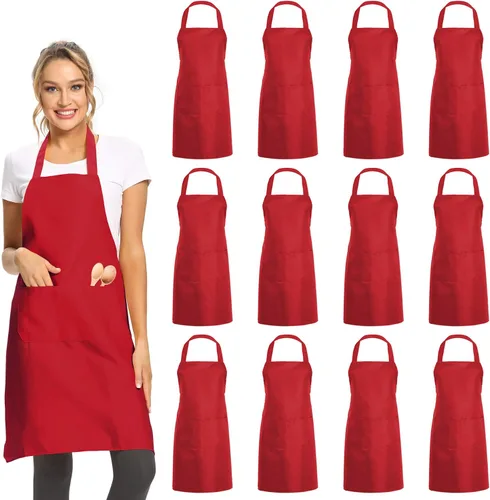Vista 8 de DUSKCOVE Paquete de 12 delantales lisos con 2 bolsillos, delantales comerciales unisex negros a granel para cocina, cocina, restaurante, barbacoa
