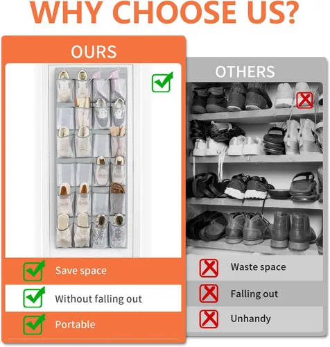 Vista 2 de FENTEC Organizador de zapatos para colgar sobre la puerta, 24 bolsillos, organizador de zapatos colgante para closet, de malla de bolsillo grande