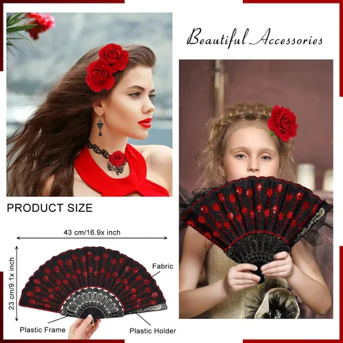Vista 4 de 5 accesorios de flamenco de flores de rosas de Halloween que incluyen ventilador plegable de tela de lentejuelas bordadas pinza de cabello de flores