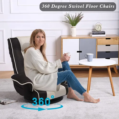 Vista 6 de Silla de suelo giratoria de 360 grados para juegos con reposabrazos, silla plegable de piso con respaldo acolchado de múltiples ángulos, sofá