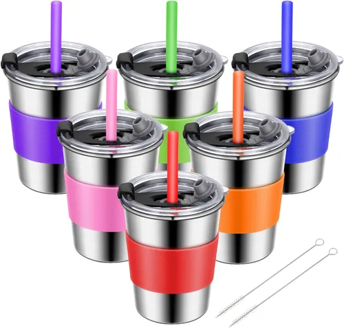 Vista 8 de ShineMe Vasos de acero inoxidable para niños, paquete de 2 tazas para niños con tapas y bonitas mangas de personajes espaciales, vasos antiderrames