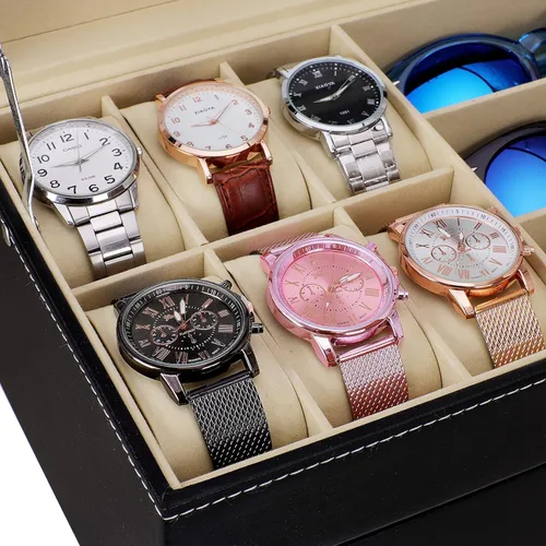 Vista 4 de Caja de reloj de cuero y gafas de sol organizador y caja de exhibición de joyas cajón con cerradura organizador negro