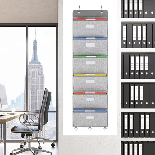 Vista 6 de Organizador de archivos sobre la puerta – 6 bolsillos extra grandes para colgar en la pared, soporte de archivos de almacenamiento para revistas