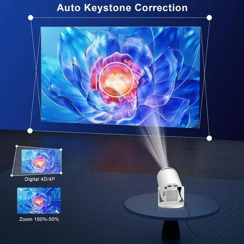 Vista 5 de Mini proyector con WiFi y Bluetooth 5.4, Android 14, soporte 4K/8K, aplicaciones Keystone automático, proyector elegante portátil para películas