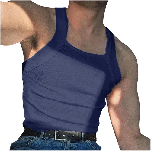 Vista 16 de Generic Camiseta sin mangas acanalada para hombre, corte cuadrado, camiseta sin mangas ajustada, ropa interior de verano, a la moda