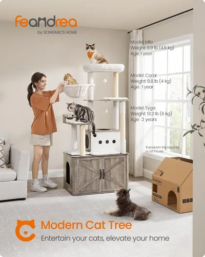 Vista 2 de Feandrea Árbol para gatos, torre para gatos de 66.9 pulgadas con caja de arena, condominio grande con estación de alimentos, almacenamiento, postes