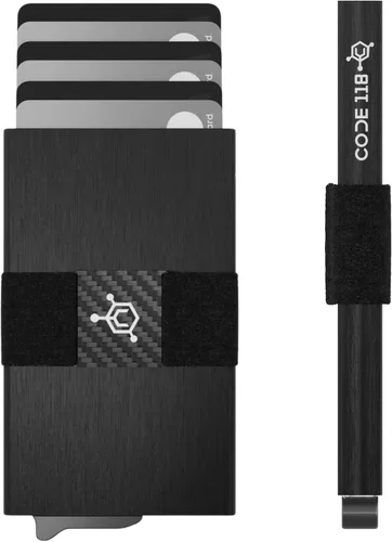 Vista 17 de CODE 118 Billetera – Billetera inteligente automática premium, bloqueo RFID, billetera de metal minimalista emergente para hombres, aluminio de 24K